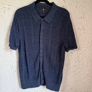 Mens Knit Button Up Shirt Blue Short Sleeve Collared Lightweight Size Medium